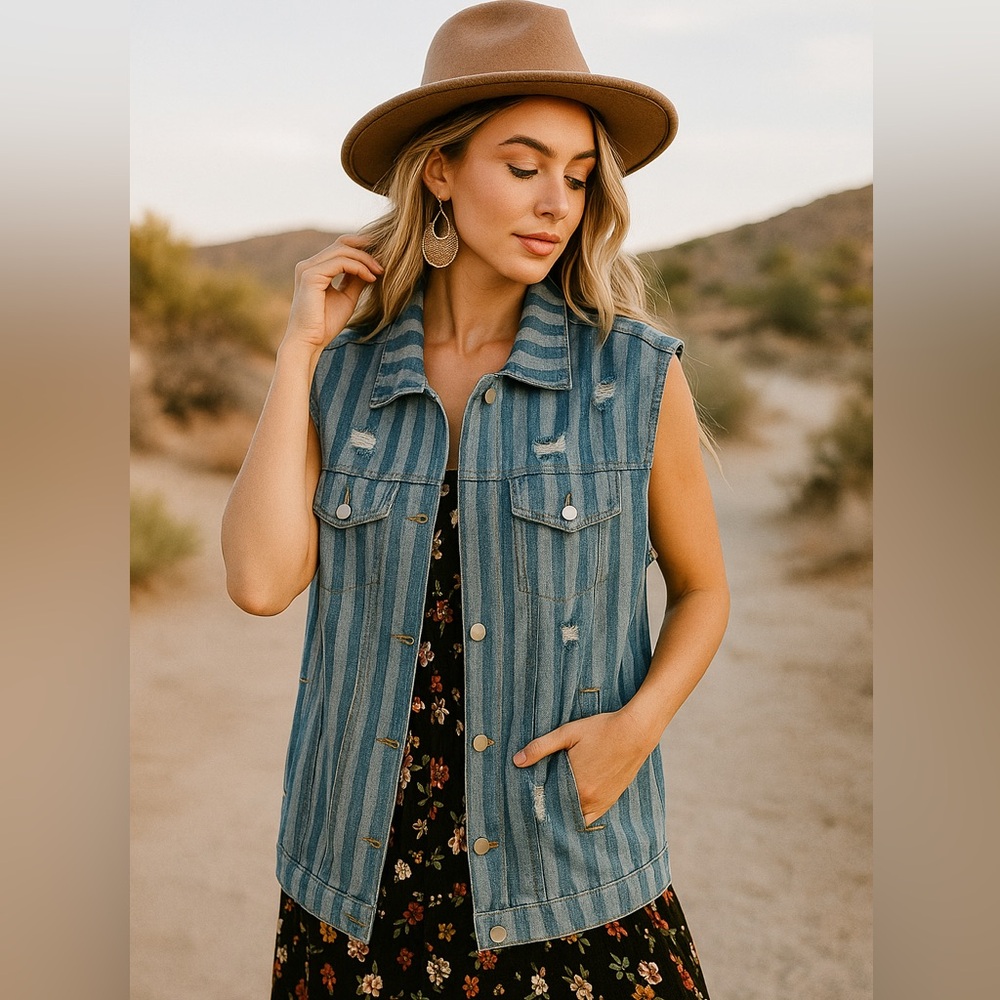 Umgee Distressed Denim Vest with Stripes